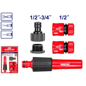 Emtop auto-stop connectors and hose irrigation nozzle set