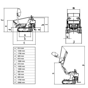 Mini dumper with tracks and Deleks MB8000 shovel dimensions